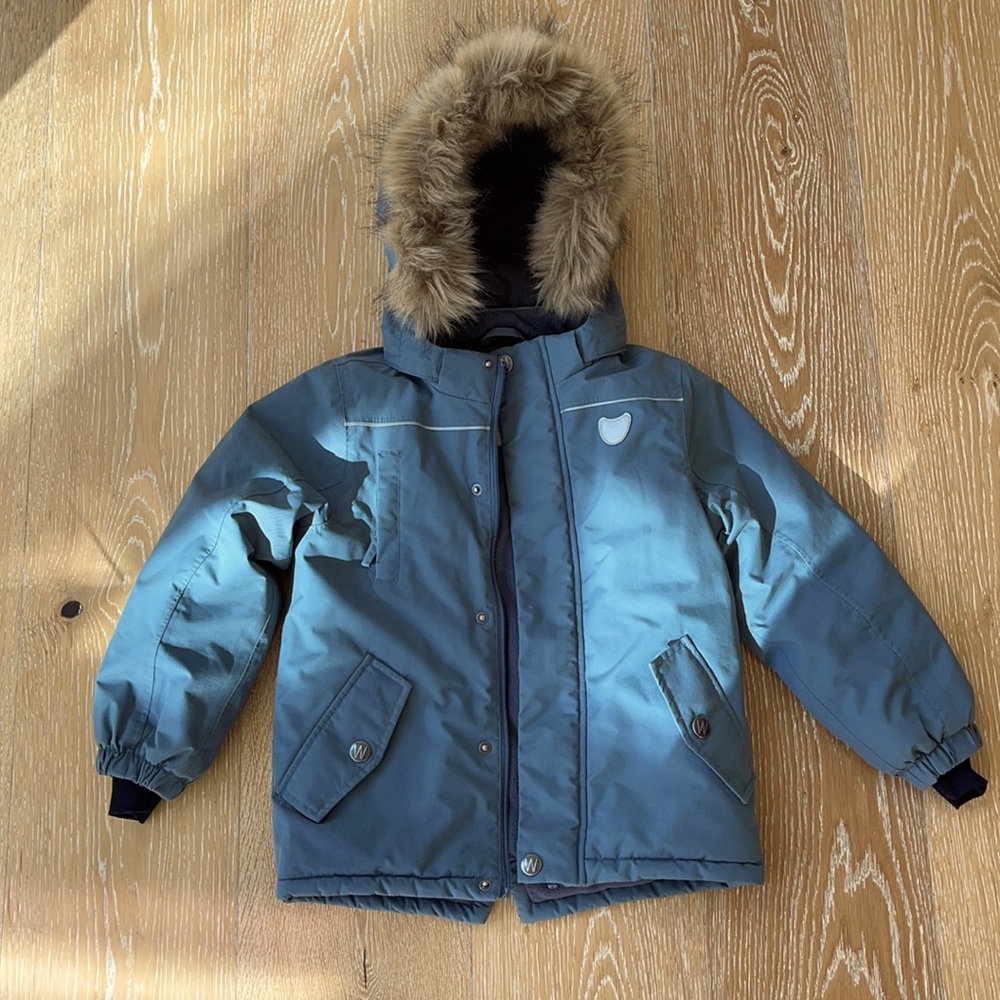 EUC dark muted slate blue Wheat Kasper fur trimmed coat in 5